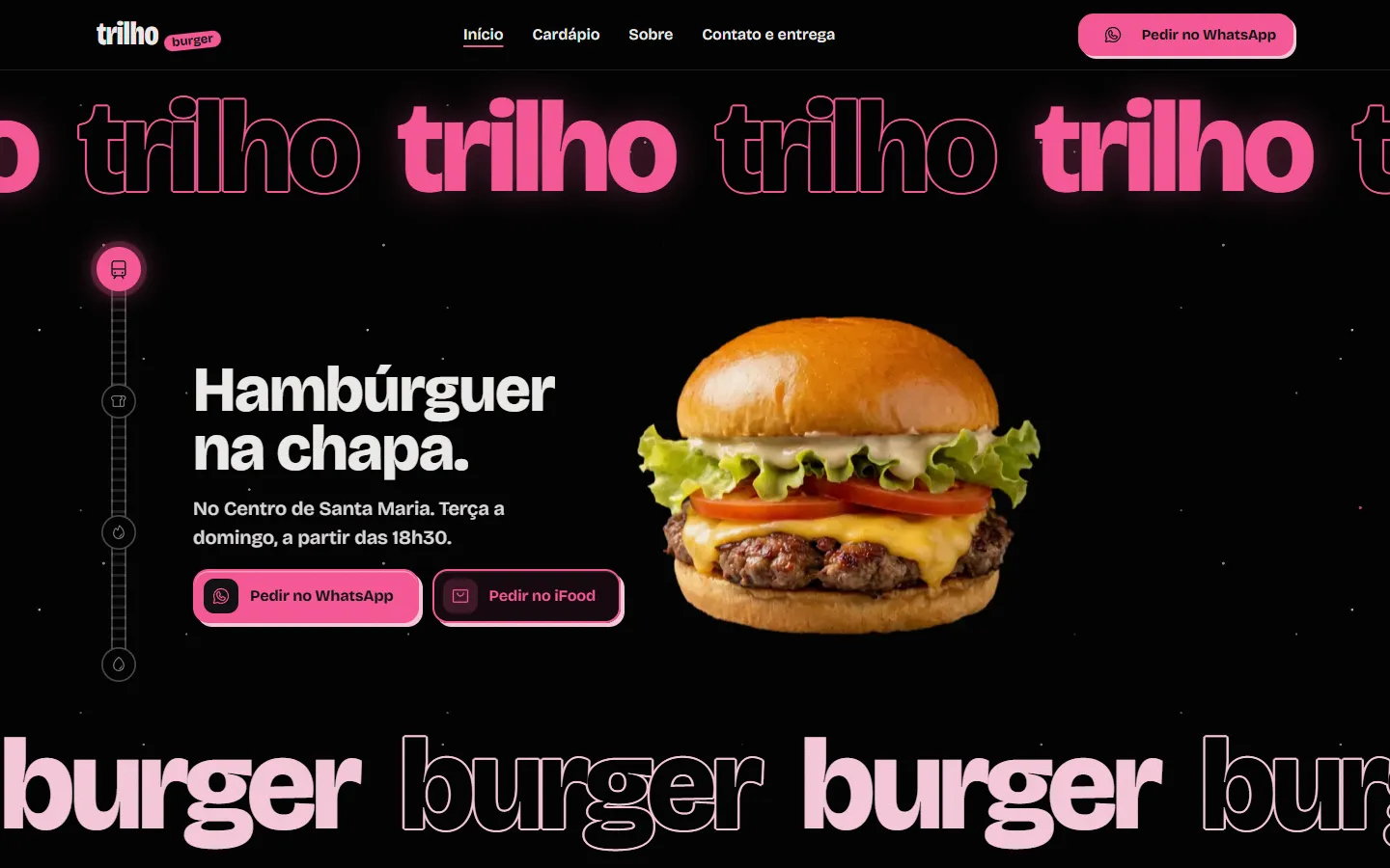 Abertura do site do Trilho Burger: título Hambúrguer na chapa, botões de pedido e um lanche ao lado